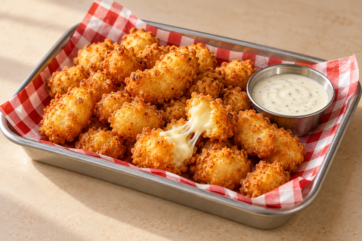 Illustration of crispy cheese curds and dip